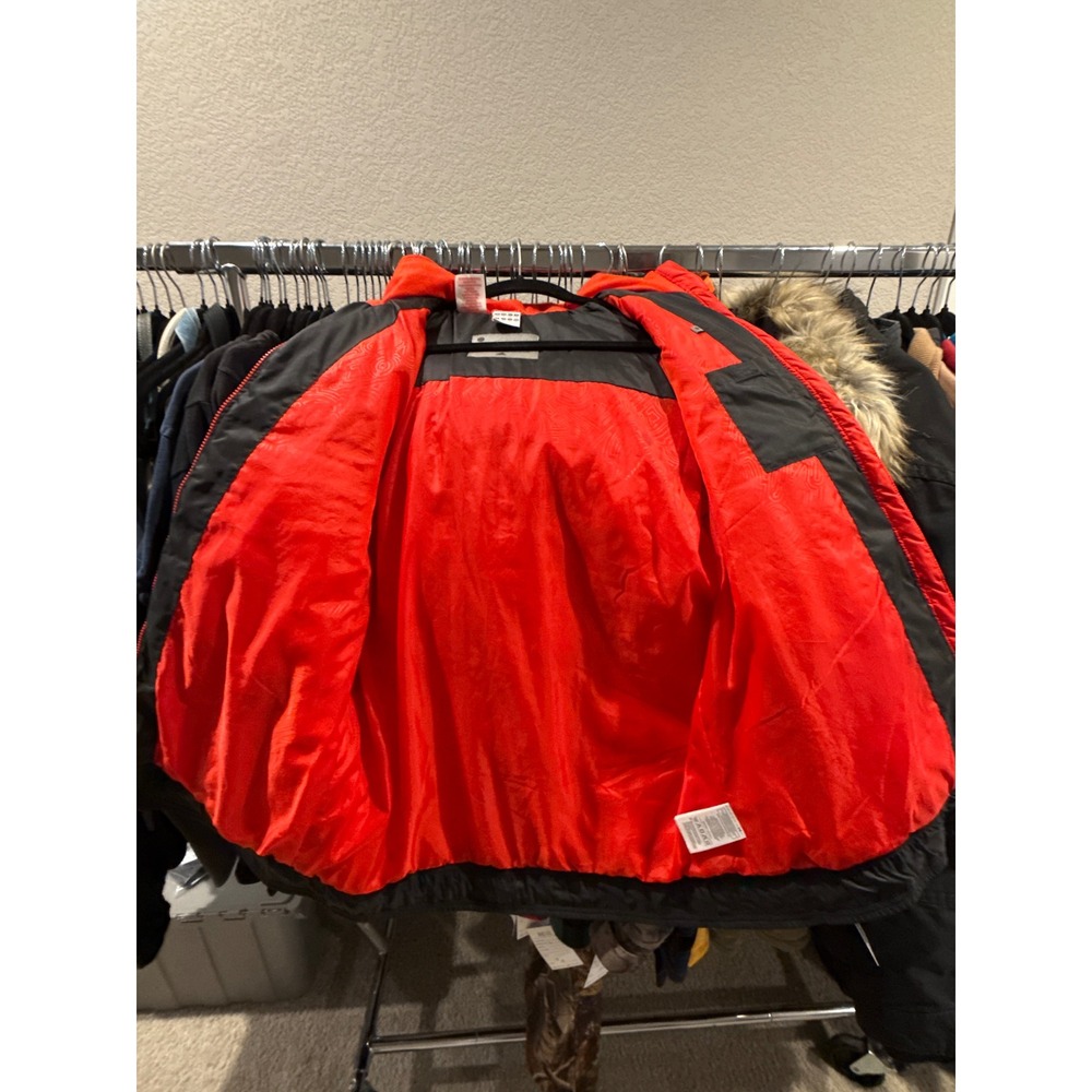 Adidas Puffer Jacket Womens XL Red Grey Colorblock Hooded 3 Stripe‎ Winter Coat - Picture 3 of 6